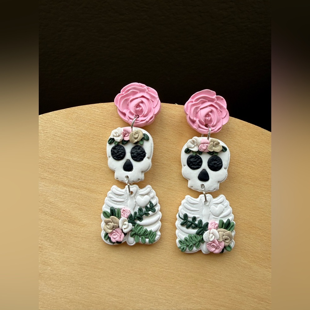 Floral Skull Dangle Earrings - Pink and White